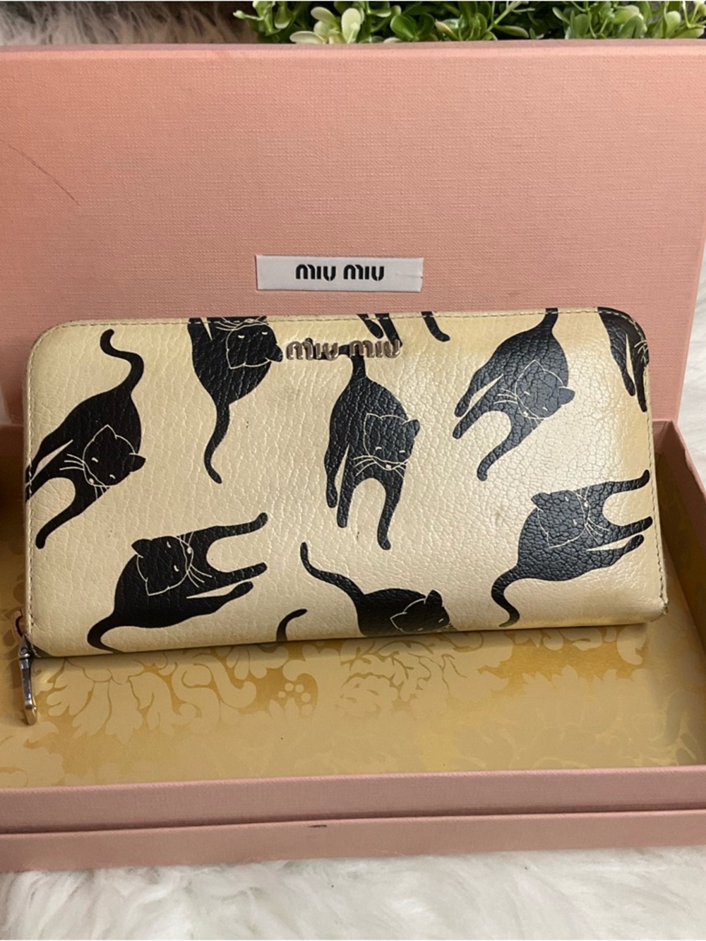 Miu Miu Cream Zip Wallet with Black Cat Print